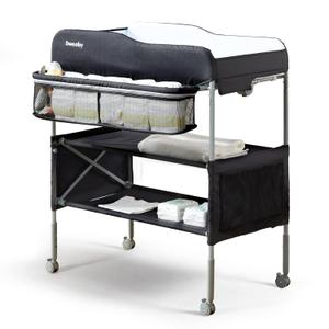 Sweeby Portable Baby Changing Table, Foldable Diaper Changing Station with Waterproof Pad, Mobile Nursery Organizer for Infant & Newborn Essentials, Black