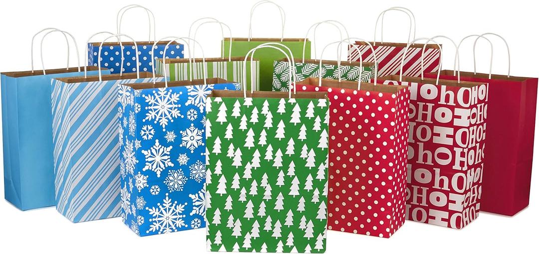 Hallmark 13" Large Gift Bag Assortment, Holiday Icons (12 Paper Gift Bags in Assorted Designs for Hanukkah or Christmas | Stripes, Polka Dots, Snowflakes, Christmas Trees)