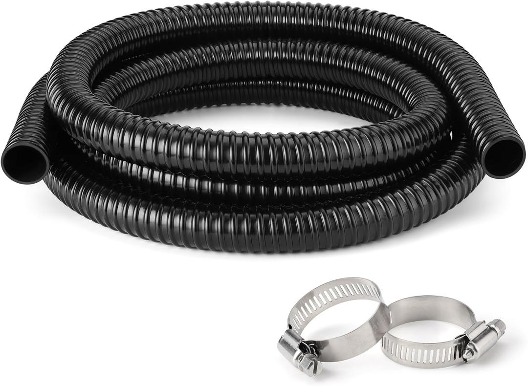 1 Inch Pond Tubing  10ft Flexible PVC Corrugated Pond Hose with 2 Stainless Steel Hose Clamps, Kink-Proof Black Plastic Pump Tubing for Garden Ponds, Waterfalls, Filters & Drainage