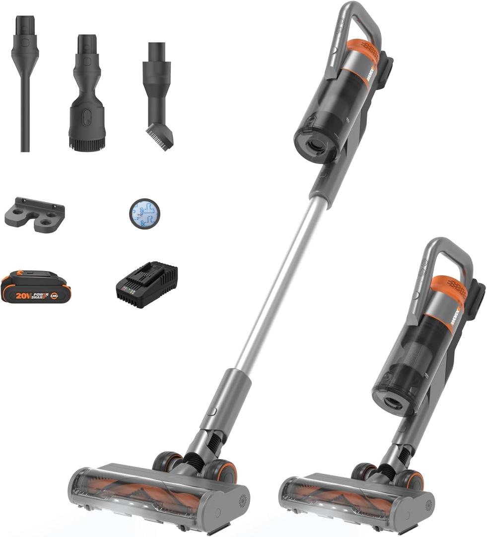 WORX 20V Cordless Stick Vacuum WX038L.1, Powerful Cordless Vacuum Cleaner 25Kpa High Suction for Pet Hair, Lightweight Handheld Vacuum Cleans Floors Carpet Car  Battery & Charger Included