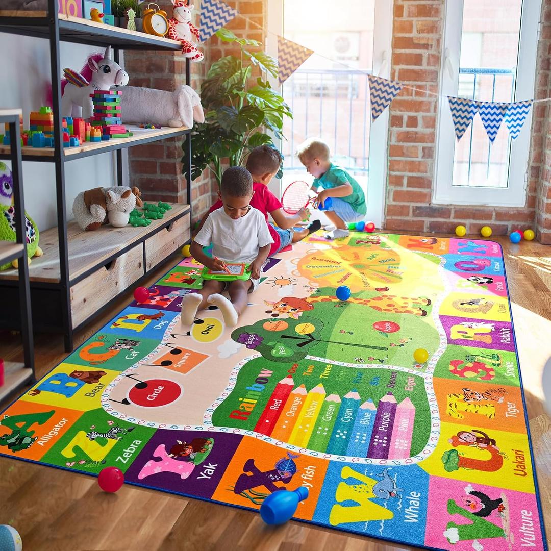 6x9 Playroom Rugs for Kids Washable, Educational and Fun Playmat with ABC Alphabet Animals Shapes Colors, Non-Slip Play Mat Learning Rugs for Baby Toddler Children Game Activity (Colorful)