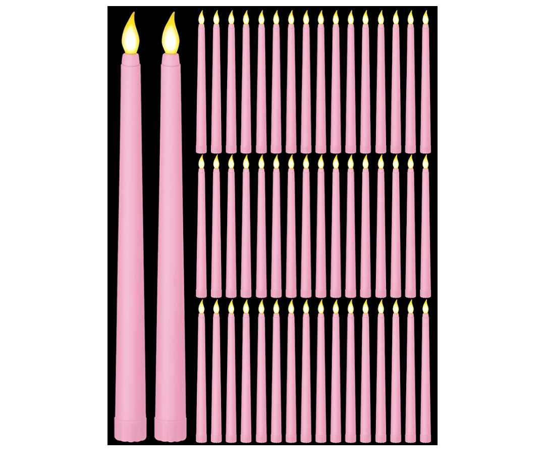 Funtery 48 Pcs Flameless LED Taper Candles 11 Inch Battery Operated Flickering Candles Bulk for Christmas Church Wedding Party(Pink, Classic Style)