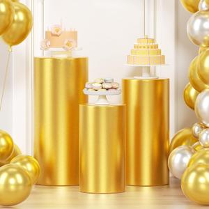 LEBENGURU 3Pcs Cylinder Pedestal Stand Covers Gold, Round Spandex Display Pedestal Covers, Elastic Cloth Plinth Pillar Cover for Parties Wedding Birthday Event Decor Props (Only Covers)
