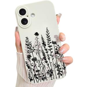 LSL Case for iPhone 16 Plus Black Floral Pattern Print Design Soft TPU Full Camera Lens Anti-Drop Anti-Scratch Shockproof Protective Slim Flower Wihte Cover for Women Girls
