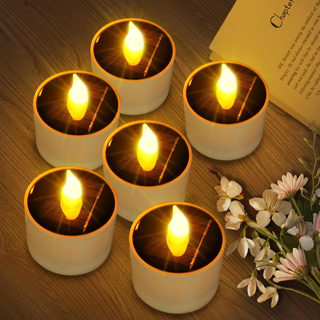 VOOKRY 6 Pcs Solar Tea Lights Outdoor - Flickering Solar Candle Lights Flameless Dusk to Dawn Lighting Waterproof Rechargeable LED Candles for Lantern Garden Camping Party Home Decorations,2.3''x2.1''