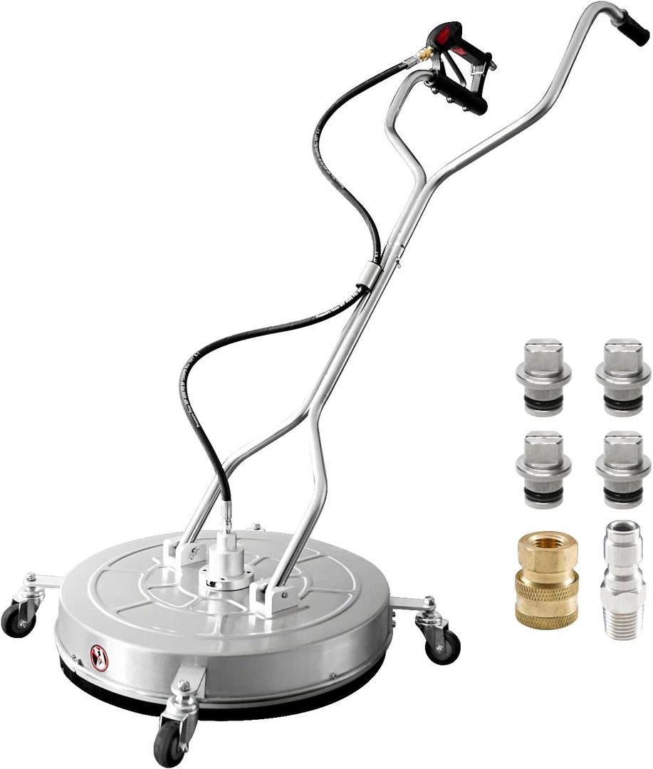 JANZ 24'' Pressure Washer Surface Cleaner with 4 Wheels,Dual Handle,Stainless Steel Housing, 4 Replacement Nozzle Cores and 2 Hose Adapters,Ideal for Driveways, Sidewalks,Patios,Decks Cleaning