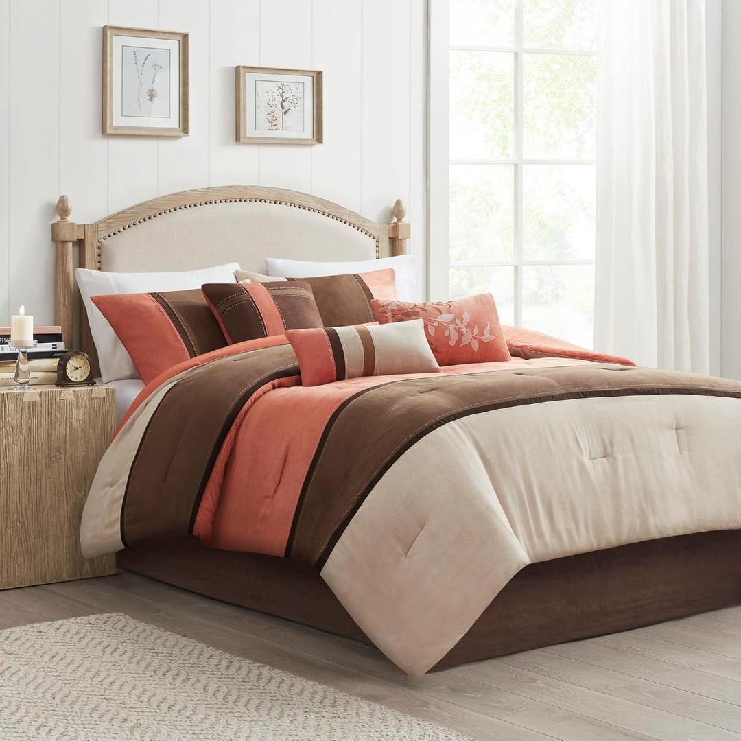 Madison Park Palisades Comforter Set Modern Faux Suede Pieced Stripe Design, All Season Down Alternative Cozy Bedding with Matching Shams, Decorative Pillows, King(104"x92"), Coral 7 Piece