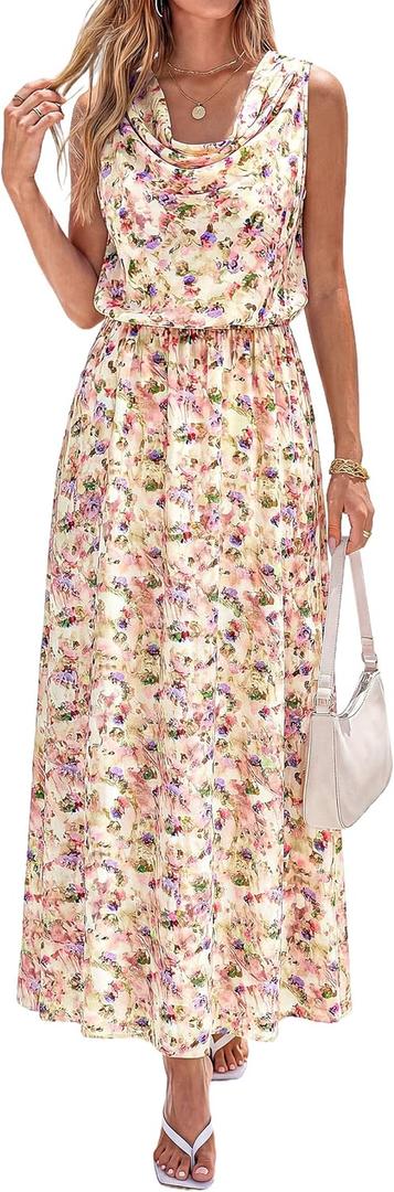 PRETTYGARDEN Womens Summer Floral Maxi Dresses 2026 Spring Sleeveless Cowl Neck Flowy Beach Vacation Wedding Guest Long Dress(Floral Apricot, Small)