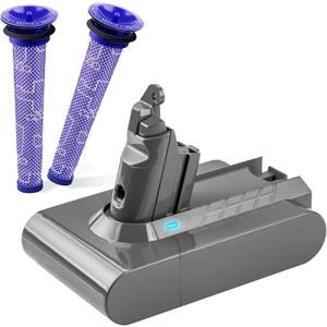 6500mAh V6 Battery+2Pcs Filters Compatible for Dyson V6 Animal/Absolute/Motorhead/Fluffy SV03 SV04 SV05 SV06 SV07 SV09 DC58 DC59 DC61 DC62 DC72 DC74 6 Cell VTC4 Vacuum Battery Replacement