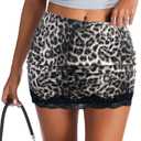 Cantonwalker Women's High Waisted Stratch Bodycon Silky Lace Hem Mini Skirts (M, Brown Leopard