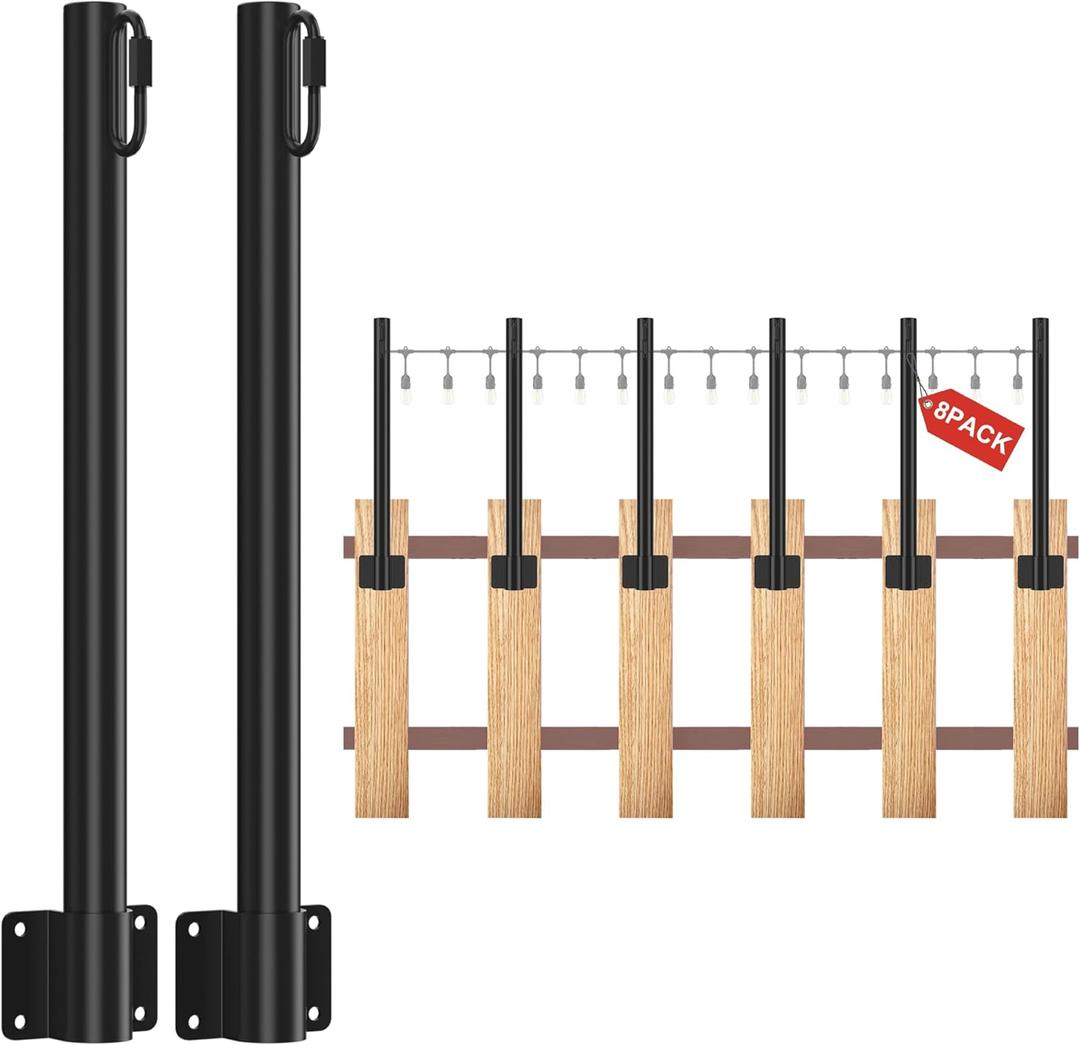 Suchtale 8 Pack 1.3 FT String Light Poles, Suspension Outdoor Fence Post Lights with Clip and Bracket, Outside String Lights Hanging, Wall Mounting Stand for Patio Garden Backyard Wedding Party, Black