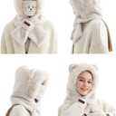 Women's 4 in1 Faux Fur Hooded Beanie Hat Scarf Gloves Set Thick Bear Ear Beanies Cap Soft Knit Hats (XL)