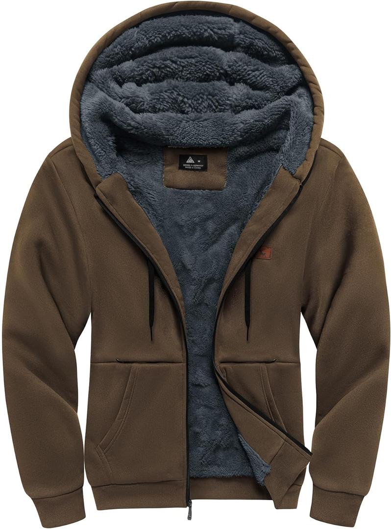 Little Beauty Fleece Hoodies for Men Winter Thick Jackets Sherpa Lined Zip Up Sweatshirt With Kanga Pocket (3X-Large, Dark Khaki)