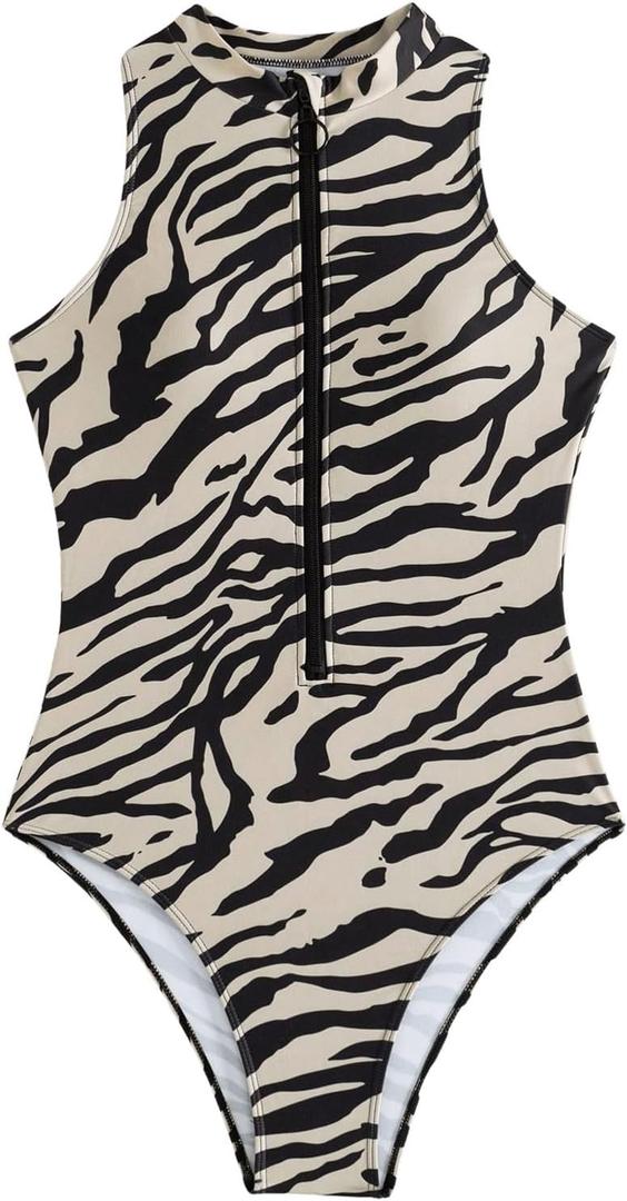 Floerns Women's Zebra Print Sleeveless One Piece Rash Guard High Neck Zipper Surfing Swimsuit, Medium
