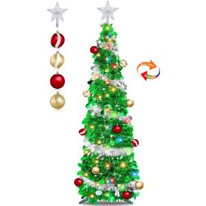 5 Ft Pop Up Christmas Tree with Lights Timer, Collapsible Tinsel Christmas Tree with 50 Warm White&Color Changing Lights 8 Modes and Balls Ornaments 3D Star Sequins for Home Holiday Party Indoor Decor (Green Silver)