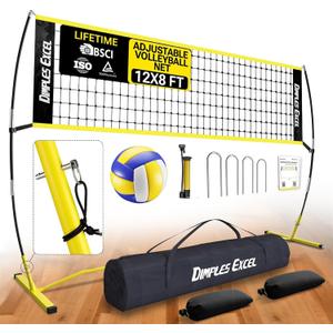 Dimples Excel 12x8 FT Professional Portable Volleyball Net Set with 4 Adjustable Height Levels (5.05–8 FT), Includes Volleyball, Pump, Carry Bag and Sandbags for Indoor/Outdoor Training