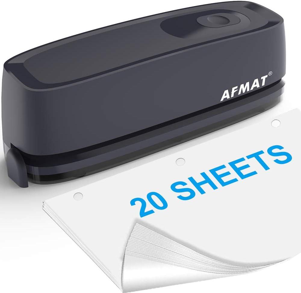 AFMAT Electric 3 Hole Punch, 20-Sheet 3 Hole Puncher for Binder, Effortless Punching, 9/32" Hole Diameter, Paper Hole Puncher 3 Hole Heavy Duty, for Office/School/Studio, AC or Battery Operated, HP08 (Grey)