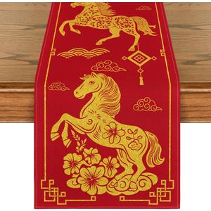 Artoid Mode Chinese Zodiac Horse 2026 Happy Lunar New Year Table Runner, Spring Festival Winter Kitchen Dining Table Decoration for Home Party 13x72 Inch (Red)