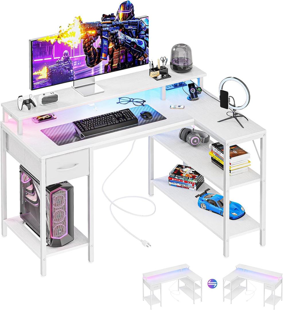 DUMOS 47 Inch Gaming Desk, Monitor Stand, LED Lights, Storage Shelves | USB Charging Ports, Power Outlets, Reversible L Shaped Corner, Small Spaces, White, 31.5‘’x 31.8'' x 47''