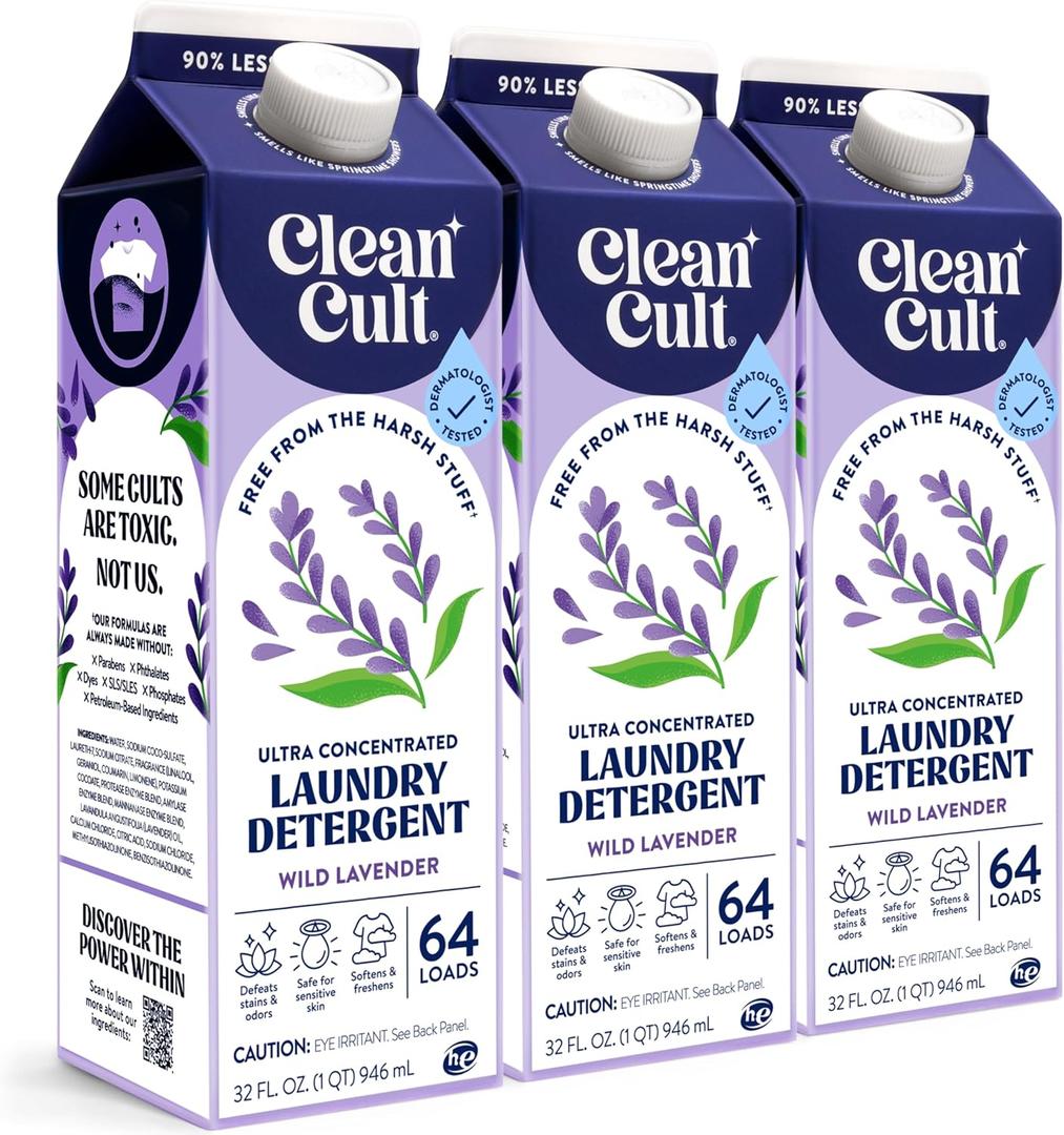 Ultra Concentrated Liquid Laundry Detergent Soap, 192 loads (96 oz), Long Lasting Scent, 90% Less Plastic, No Harsh Chemicals, Wild Lavender, Defeats Stains & Odors, HE/Standard Compatible (32 Fl Oz (Pack of 3))