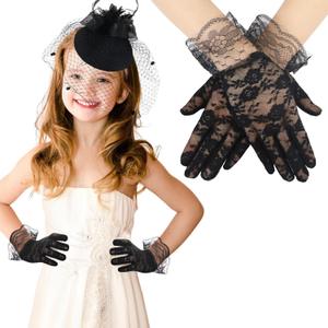 JenPen 2 Pcs Girls Tea Party Fascinators Hats with Lace Gloves Funeral Veil Hat Gloves for Church Wedding Accessories (Lace Black)