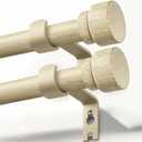 Lootkell 2 Pack White Oak Wood Curtain Rods for Windows 48 to 84 1" Diameter Boho Decorative Heavy Duty Window Curtain Rod Adjustable with Handmade Wood Grain Design for Living Room Bedroom Kitchen