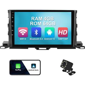 4+64G 10.1-inch Android 13 WiFi 6 Car Stereo for Toyota Highlander 2014-2019 IPS Touchscreen Screen Bluetooth 5.4 Car Radio with Carplay & Android Auto Support Backup Camera FM Navi SWC