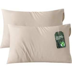 Bedsure Zipper Pillow Cases Queen, Cooling Pillow Cases Queen Size Set of 2, Rayon Derived from Bamboo Cooling Pillowcases for Hot Sleepers, Soft & Breathable Bed Pillow Covers, Beige, 20x30 Inches