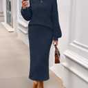 MEROKEETY Women's Fuzzy 2 Piece Outfit Winter Long Sleeve Off Shoulder Pullover Top Midi Skirt Matching Lounge Sets (S)