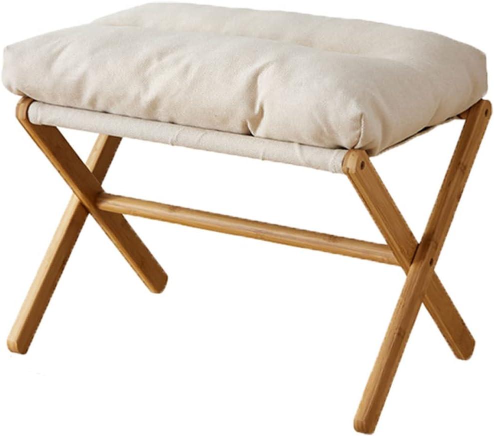 Folding Upholstered Footrest Stool, Small Accent Ottoman with Thick Cotton Cushion & Bamboo X Legs, Modern Padded Sofa Stool for Makeup Bedroom Living Room, Beige