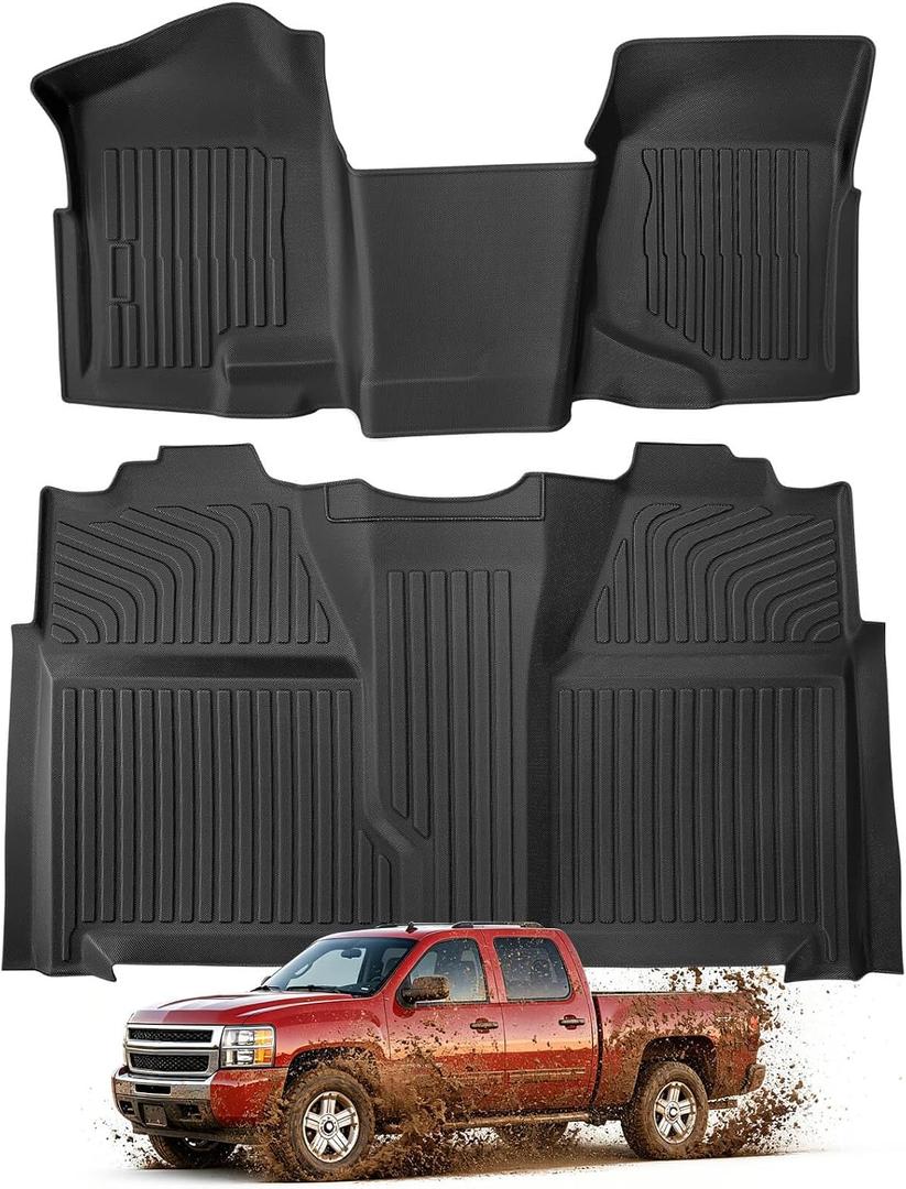 Floor Mats for Chevy Silverado GMC Sierra 1500 2007-2013 & for Chevrolet Silverado Sierra 2500HD 3500HD 2007-2014(Only Crew Cab, Front Bench Seat, w/o Rear Underseat Storage, Carpet Floor), Car Liners