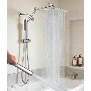 Veken All Metal 10" Shower Head with Handheld, Luxurious Square Double Rain Shower Heads,Power Wash Wand,Dual High Pressure Detachable Rainfall Showerhead with Spray Combo,Extension Arm,Chrome,Sliver