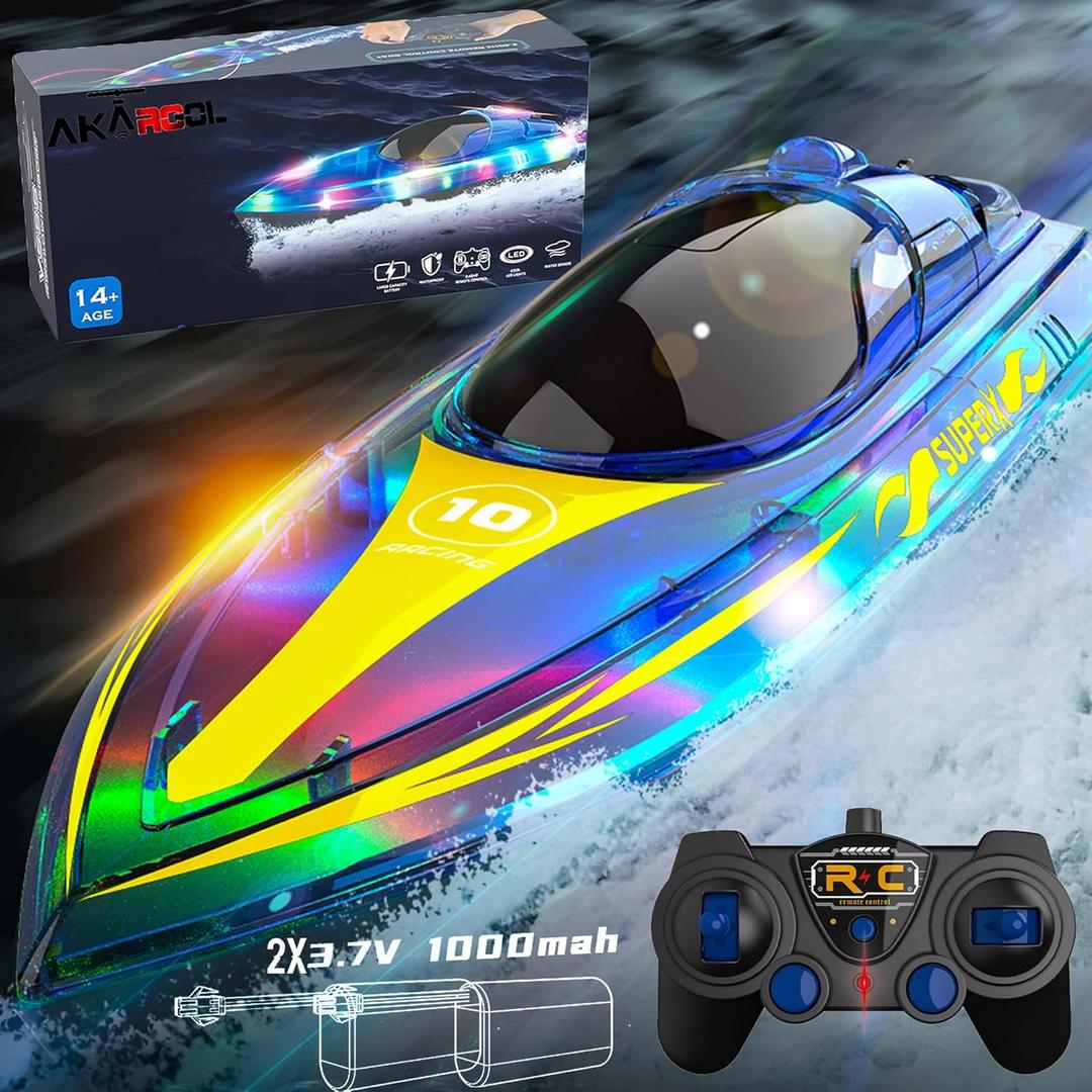 RC Boat with LED - Remote Control Boat for Pools and Lakes 2.4 GHZ RC Boats with 2 Rechargeable Battery Whole Body Waterproof, Low Battery Alarm, Water Play Toy Gift for Boys&Girls