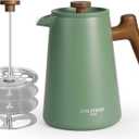 POLIVIAR French Press Coffee Maker, 34 oz Coffee Press with Real Wood Handle, Double Wall Insulation & Dual-Filter Screen, Food Grade Stainless Steel for Good Coffe and Tea, JX2025-XFPN (Green)