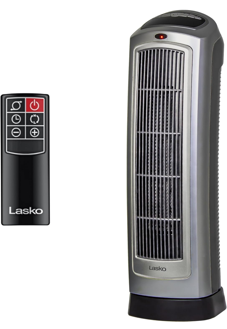 Lasko Oscillating Digital Ceramic Tower Heater for Home with Adjustable Thermostat, Timer and Remote Control, 23 Inches, 1500W, Silver, 755320