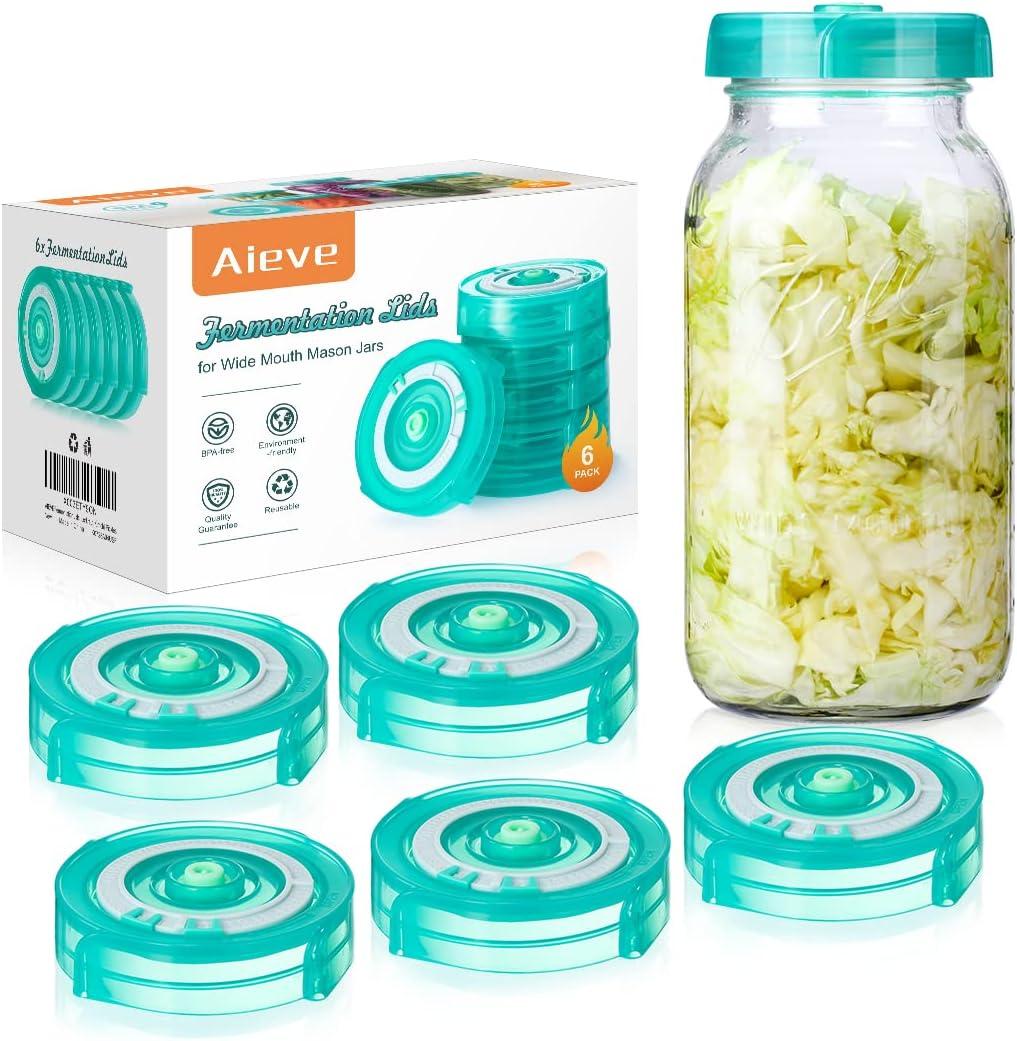 AIEVE Fermentation Lids, 6 Pack Mason Jar Fermenting Kit for Wide Mouth Jars to Make Sauerkraut, Kimchi, Pickles