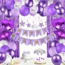 Purple Happy Birthday Decorations Kit, Purple Confetti Balloons Birthday Party Supplies for Women Girls Boys, Happy Birthday Banner, Hanging Star Cutouts, Fringe Curtains, Cupcake Toppers, Crown