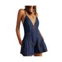 Yoawdats Women Spaghetti Strap Denim Romper Sleeveless V Neck Backless Tie-Up Jean Short Jumpsuits Y2k Ruffle Jean Overalls L