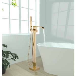 Freestanding Bathtub Faucet Brushed Gold Floor Mount Waterfall Tub Filler High Flow with Hand Shower Solid Brass 360 Degree Swivel Standing Mixer Taps for Bathroom
