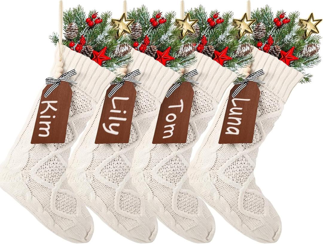Aoriher Large Christmas Stockings with DIY Name Tags, 18 Inch Knitted Stockings Xmas Stocking Decorations with Christmas Stocking Tags for Family Decor(Style A,White)