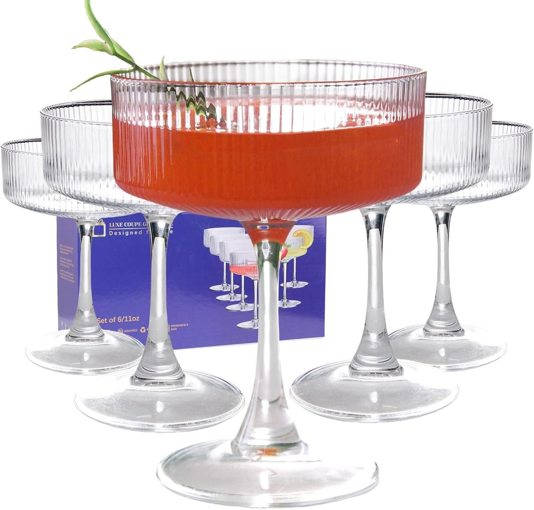 KMIGRUAN 11oz Large Vintage Coupe Glasses Set of 6,Ribbed Cocktail Glasses,Classic Espresso Martini Glasses,Margarita and Champagne Glasses for Bar,Wine,Dessert,Cocktail Glassware Gift Set