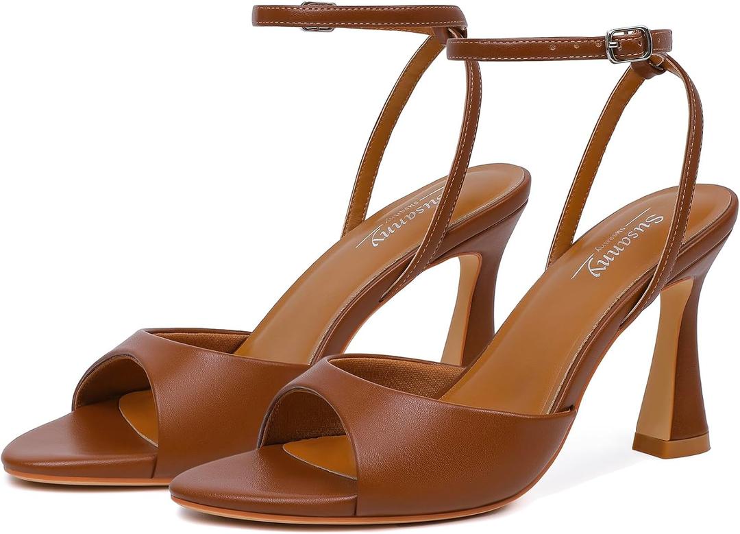 Susanny High Heels for Women Pointed Open Toe Strappy Chunky Block Heels Ankle Strap Stiletto Kitten Heeled Sandals Wedding Bridal Party Prom Sexy Dress Shoes (8.5, Dark Brown)