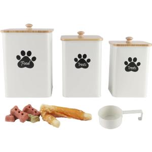 Set of 3 Metal Dog Ttreat Jars,10lb/20 Cup Airtight Dog Food Container with Bamboo Lids,Dogs Cat Treat Canister,Cookie Container for Kitchen Counter,Coated Galvanized Steel -White