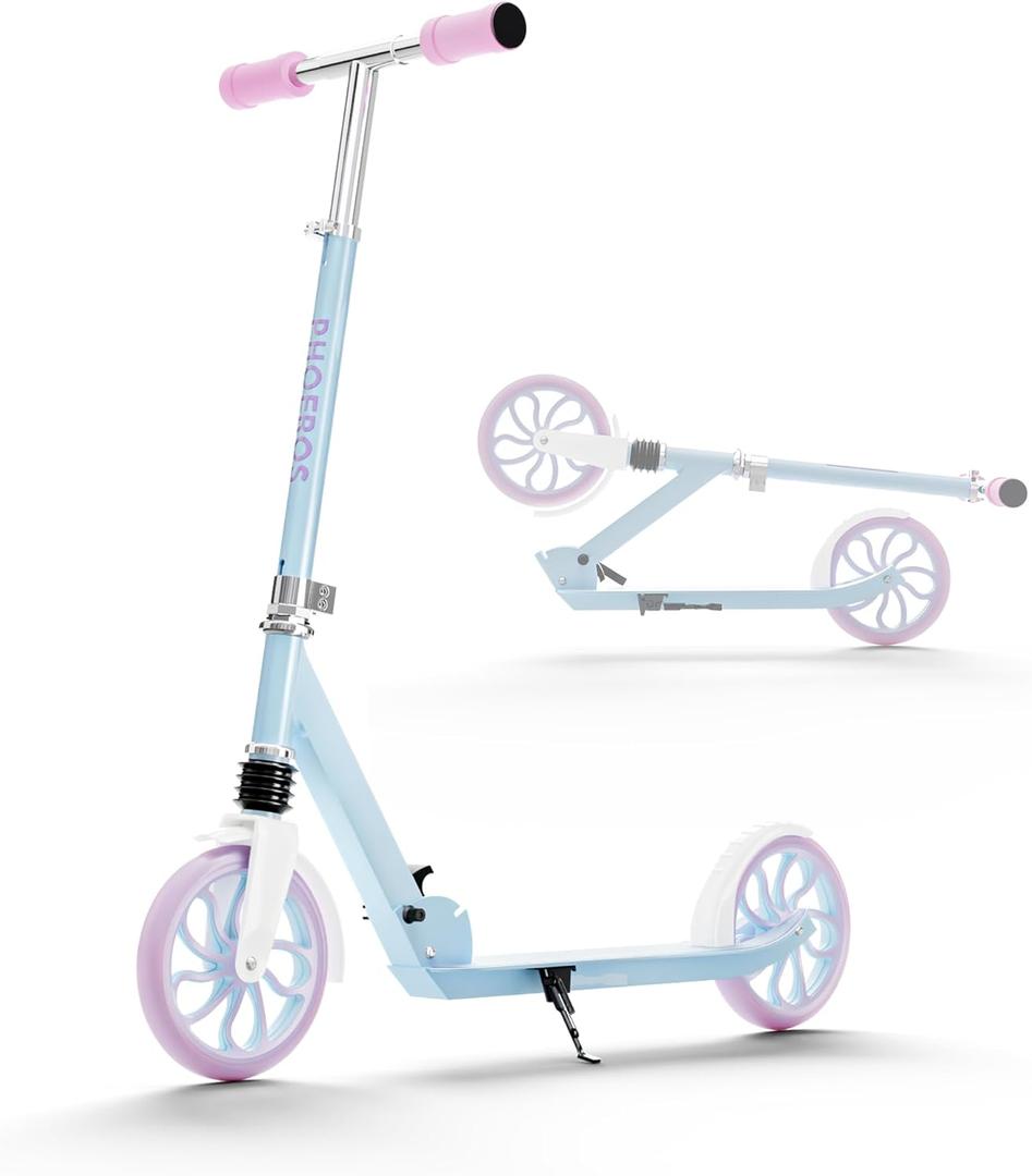 PHOEROS Kick Scooter for Kids Ages 6-12,Teens & Adults, Youth. Lightweight Aluminum Kick Scooter for Teens Adults Boys Girls with 8 inch Big Wheels, Foldable, 3 Height Adjustable, Shock Absorption. (Frozen Blue)
