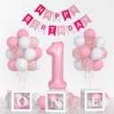 Baby Girl First Birthday Decorations-Pastel Pink White Balloons, 40 Inch Pink 1 Balloons, Happy Birthday Banner One Balloon Boxes For 1 Year Old Girl BD Decorations