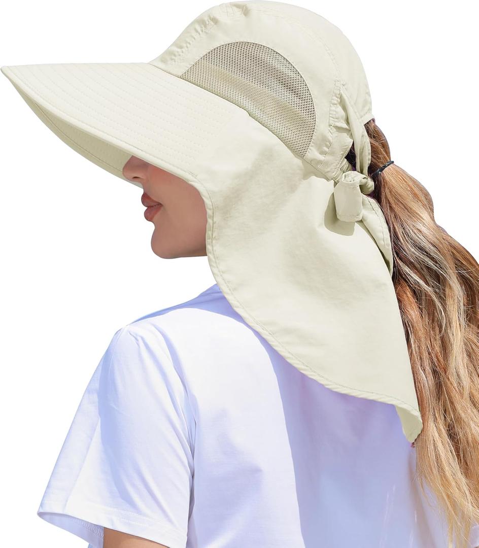 Womens Sun Hat Outdoor UV Protection Wide Brim Fishing Hat with Ponytail Hole Neck Flap for Beach Hiking Camping (Beige)