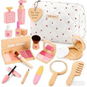 Wooden Makeup Toy Set for Girls: Pretend Makeup Play Set for Toddlers 3-5 - Kids Makeup Set with Eyeshadow/ Mascara/ Mirror/ Bag - Gifts Toys for 3 4 5 6 7 8 Years Old Kids Children