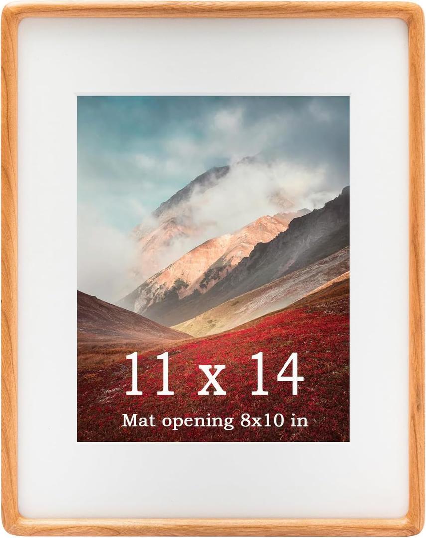 11x14 Frame Natural, Solid Cherry Wood 11 x 14 Picture Frame with Mat for 8 x 10 Image, Wall Gallery Mounting 14 x 11 Inch Large Poster Photo Frame