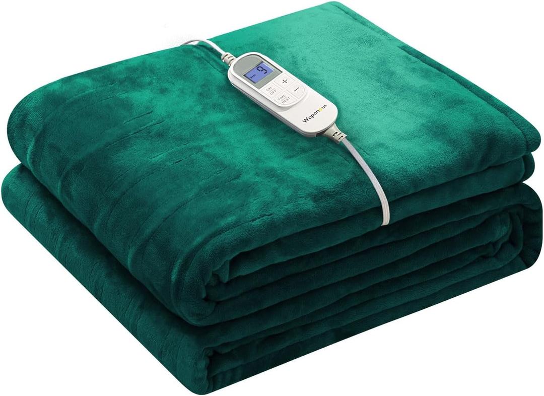 Wapaneus Foot Pocket Heated Blanket Electric Throw with 10 Heating Levels and 4 Timer Settings 4 Hours Auto Shut Off, Flannel Fast-Heating Heated Throw 50" x 60", Machine Washable, Vintage Green