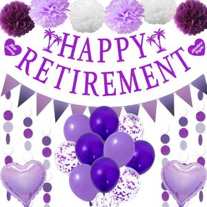 Retirement Party Decorations for Women - Purple Happy Retirement Banner Balloons, Garland Paper Pompoms Bunting Farewell Decor for Retired Coworker
